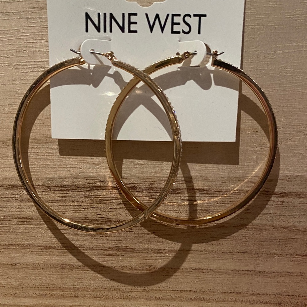 NWT Nine West Shiny Gold Crystal embellished Hoop Earrings 2 inch